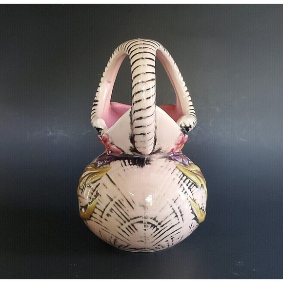 Hull Blossom Flight Pink Pottery Pitcher Basket Weave Pattern Ram's Horn Handle - Picture 4 of 9